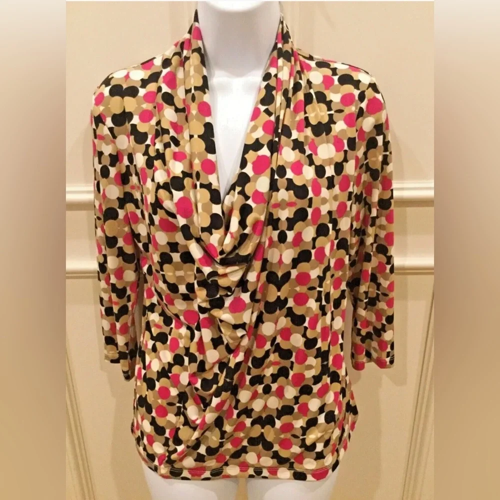 Ellen Tracy Blouse Size Small Pink Brown Ivory Polka Dot - Picture 1 of 12